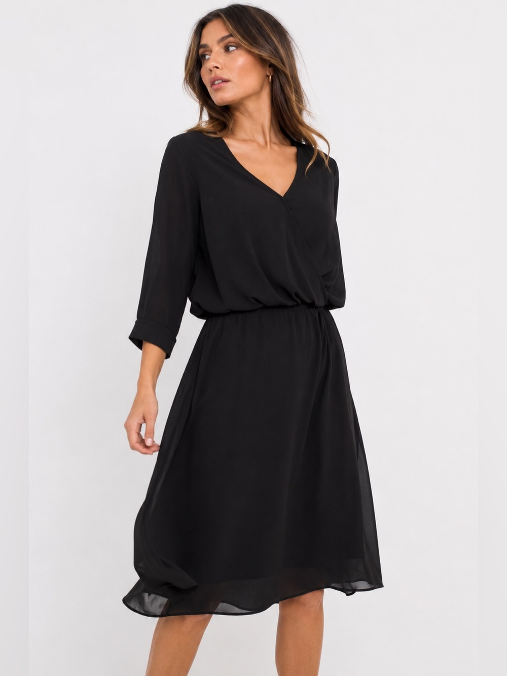 Heartloom Classic True Black Lightweight V-Neck Blouson Midi Dress -Size S - NWT